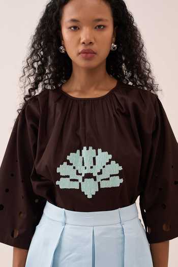 Three_Blue Cotton, Poplin Embroidery Round Neck Top _Online_at_Aza_Fashions