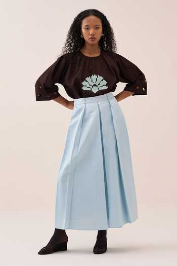 Buy_Three_Blue Cotton, Poplin Embroidery Round Neck Top _Online_at_Aza_Fashions