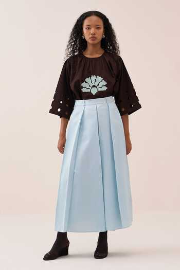 Shop_Three_Blue Cotton, Poplin Embroidery Round Neck Top _Online_at_Aza_Fashions