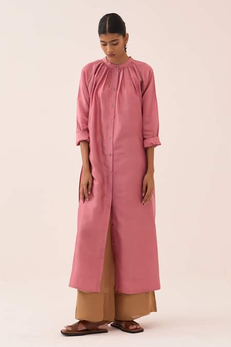 Three Coral Organza Chanderi Kurta And Pant Set at Aza Fashions Three_Coral Organza Chanderi Kurta And Pant Set _at_Aza_Fashions