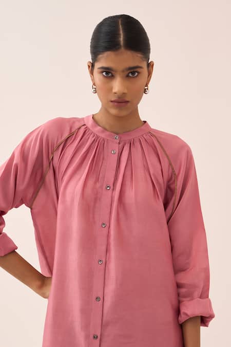 Shop Three Coral Organza Chanderi Kurta And Pant Set Shop_Three_Coral Organza Chanderi Kurta And Pant Set