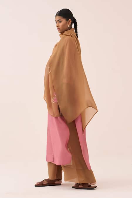 Three_Coral Organza Applique Chanderi Kurta Set _Online_at_Aza_Fashions