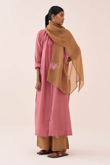 Buy_Three_Coral Organza Applique Chanderi Kurta Set _Online_at_Aza_Fashions