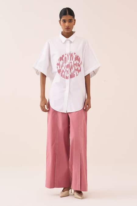 Three Pink Cotton, Poplin Embroidery Circle Shirt And Pant Set Online at Aza Fashions Three_Pink Cotton, Poplin Embroidery Circle Shirt And Pant Set _Online_at_Aza_Fashions
