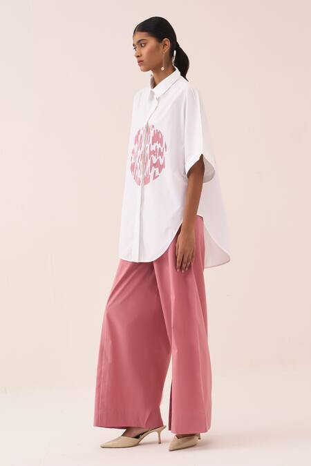 Shop Three Pink Cotton, Poplin Embroidery Circle Shirt And Pant Set Online at Aza Fashions Shop_Three_Pink Cotton, Poplin Embroidery Circle Shirt And Pant Set _Online_at_Aza_Fashions