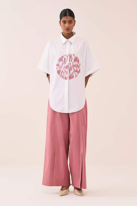 Three Pink Cotton, Poplin Embroidery Circle Shirt And Pant Set at Aza Fashions Three_Pink Cotton, Poplin Embroidery Circle Shirt And Pant Set _at_Aza_Fashions