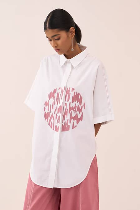 Buy Three Pink Cotton, Poplin Embroidery Circle Shirt And Pant Set Buy_Three_Pink Cotton, Poplin Embroidery Circle Shirt And Pant Set