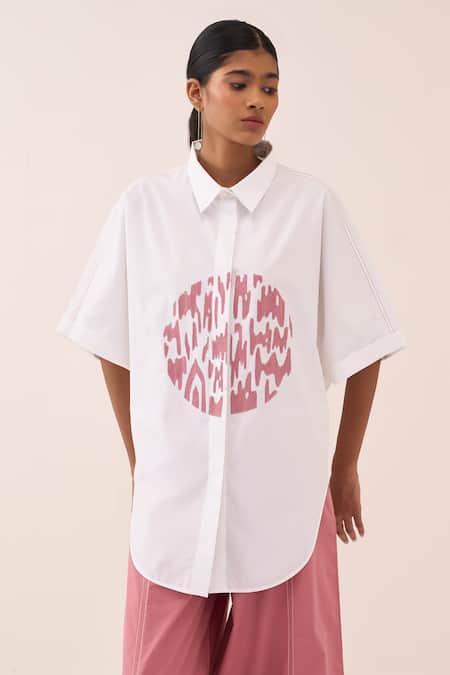 Shop Three Pink Cotton, Poplin Embroidery Circle Shirt And Pant Set Shop_Three_Pink Cotton, Poplin Embroidery Circle Shirt And Pant Set