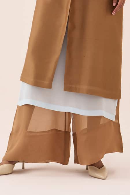 Three_Tan Chanderi, Silk, Crepe, Organza Fringe Overlay Jacket Pant Set _Online_at_Aza_Fashions