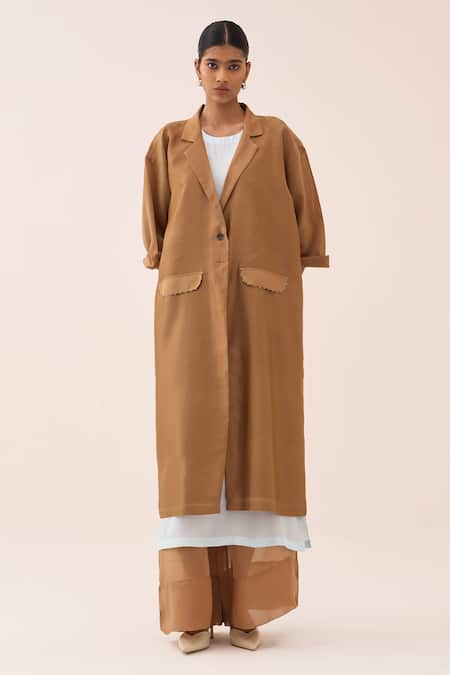 Buy_Three_Tan Chanderi, Silk, Crepe, Organza Fringe Overlay Jacket Pant Set _Online_at_Aza_Fashions