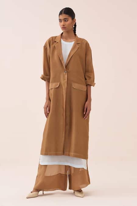 Buy_Three_Tan Chanderi, Silk, Crepe, Organza Fringe Overlay Jacket Pant Set 