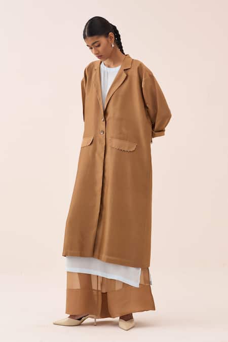 Shop_Three_Tan Chanderi, Silk, Crepe, Organza Fringe Overlay Jacket Pant Set 