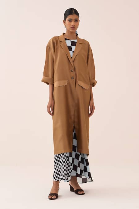 Three Blue Chanderi, Silk, Crepe Fringe Long Jacket And Checkered Dress Set Online at Aza Fashions Three_Blue Chanderi, Silk, Crepe Fringe Long Jacket And Checkered Dress Set _Online_at_Aza_Fashions
