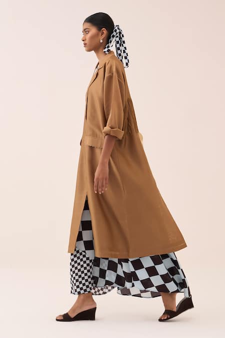 Buy Three Blue Chanderi, Silk, Crepe Fringe Long Jacket And Checkered Dress Set Online at Aza Fashions Buy_Three_Blue Chanderi, Silk, Crepe Fringe Long Jacket And Checkered Dress Set _Online_at_Aza_Fashions