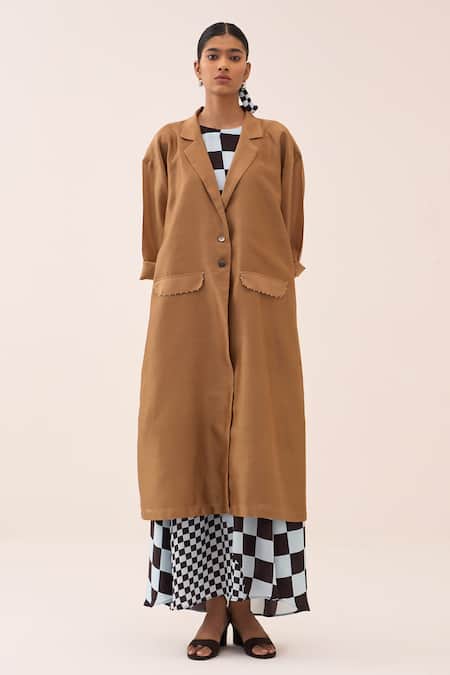 Shop Three Blue Chanderi, Silk, Crepe Fringe Long Jacket And Checkered Dress Set Online at Aza Fashions Shop_Three_Blue Chanderi, Silk, Crepe Fringe Long Jacket And Checkered Dress Set _Online_at_Aza_Fashions