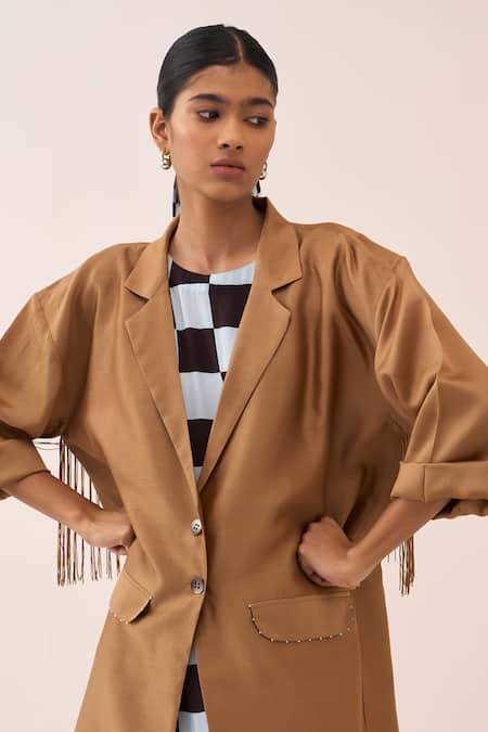 Shop Three Blue Chanderi, Silk, Crepe Fringe Long Jacket And Checkered Dress Set Shop_Three_Blue Chanderi, Silk, Crepe Fringe Long Jacket And Checkered Dress Set