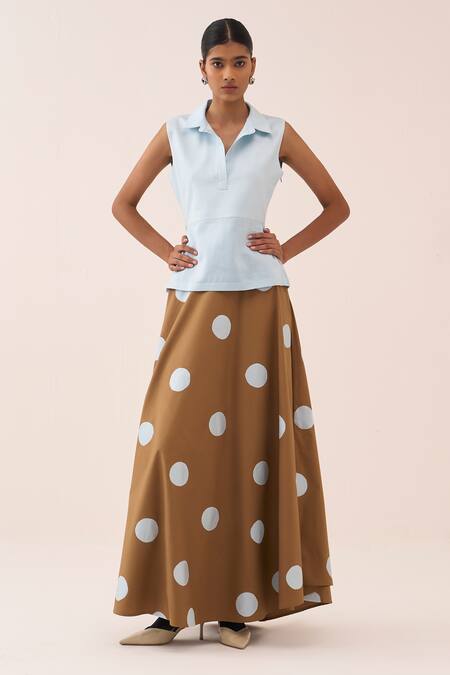 Shop_Three_Sky Blue Chanderi, Cotton, Poplin Polka Top Skirt Set _Online_at_Aza_Fashions
