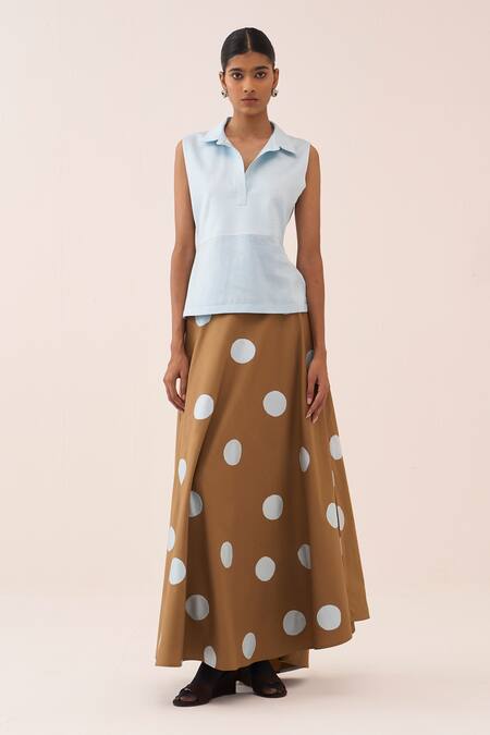 Three_Sky Blue Chanderi, Cotton, Poplin Polka Top Skirt Set _at_Aza_Fashions