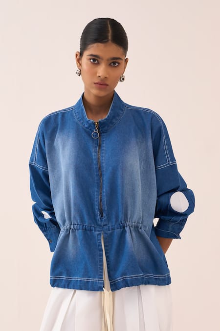 Shop Three Blue Denim, Cotton, Poplin Top And Pant Set Shop_Three_Blue Denim, Cotton, Poplin Top And Pant Set