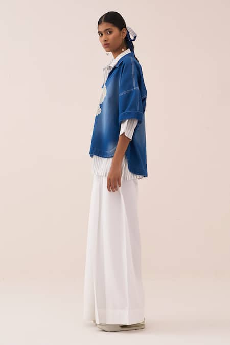 Three_Blue Denim, Cotton, Poplin Embroidery V-neck Top Pant Set _Online_at_Aza_Fashions