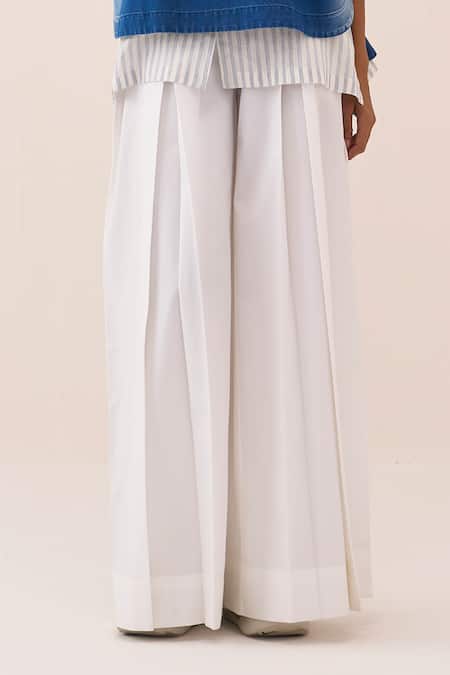 Buy_Three_Blue Denim, Cotton, Poplin Embroidery V-neck Top Pant Set _Online_at_Aza_Fashions