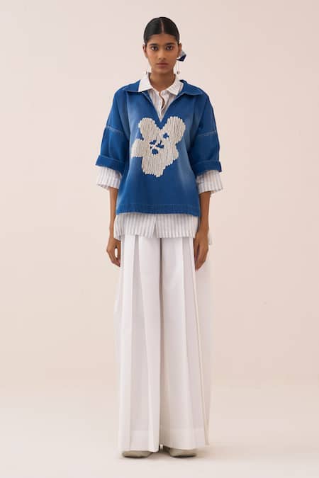 Shop_Three_Blue Denim, Cotton, Poplin Embroidery V-neck Top Pant Set _Online_at_Aza_Fashions