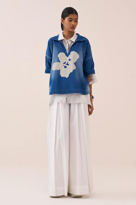 Three Denim V-Neck Top Pant Set 