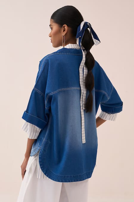 Buy_Three_Blue Denim, Cotton, Poplin Embroidery V-neck Top Pant Set 