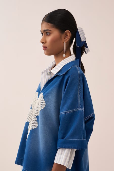 Shop_Three_Blue Denim, Cotton, Poplin Embroidery V-neck Top Pant Set 