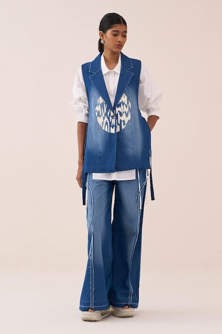 Three Circle Embroidered Denim Waistcoat Set 