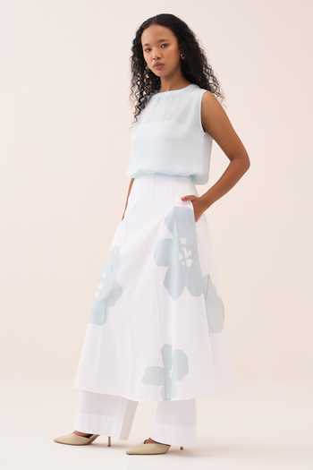 Buy_Three_Blue Silk, Crepe, Cotton, Poplin Applique Round Neck Top And Pant Set _Online_at_Aza_Fashions