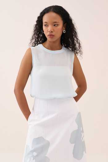 Three_Blue Silk, Crepe, Cotton, Poplin Applique Round Neck Top And Pant Set _at_Aza_Fashions