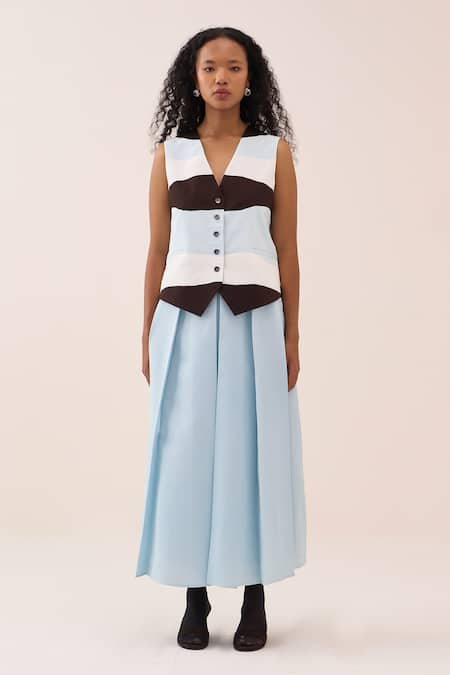 Three Applique Chanderi Waistcoat & Pleated Skirt Set 