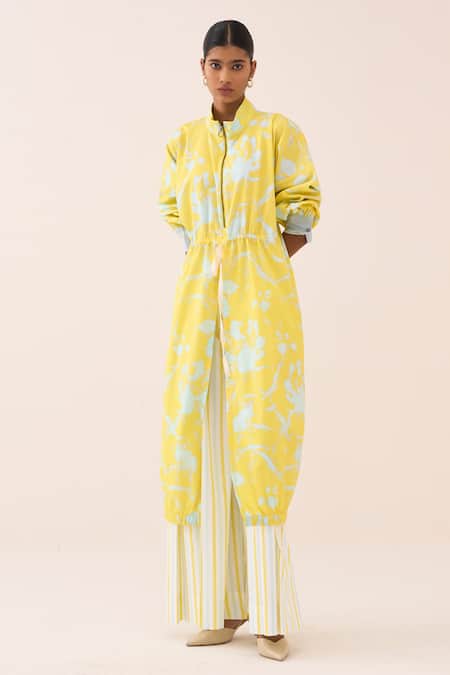 Three_Blue Cotton, Poplin Floral Print Tunic And Pant Set _Online_at_Aza_Fashions