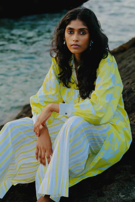 Buy_Three_Blue Cotton, Poplin Floral Print Tunic And Pant Set 