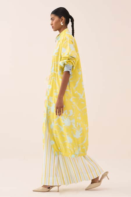 Shop_Three_Blue Cotton, Poplin Floral Print Tunic And Pant Set 