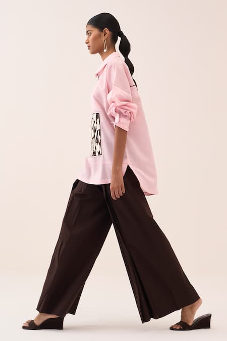 Three_Pink Chanderi, Cotton, Poplin Embroidery Patch U-hem Top And Pant Set _Online_at_Aza_Fashions