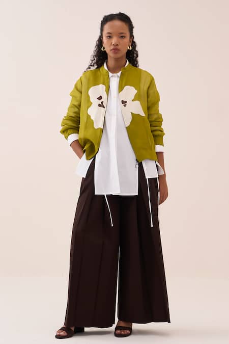 Three Floral Applique Organza Jacket Pant Set 