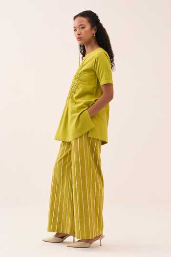 Three_Lime Handloom Cotton Round Neck Handwoven Top And Pant Set _Online_at_Aza_Fashions