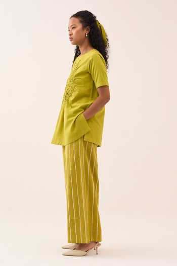 Buy_Three_Lime Handloom Cotton Round Neck Handwoven Top And Pant Set _Online_at_Aza_Fashions