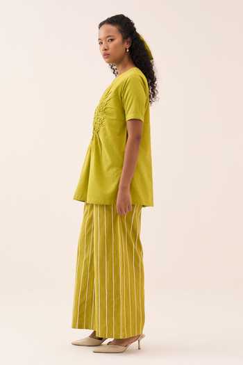 Shop_Three_Lime Handloom Cotton Round Neck Handwoven Top And Pant Set _Online_at_Aza_Fashions