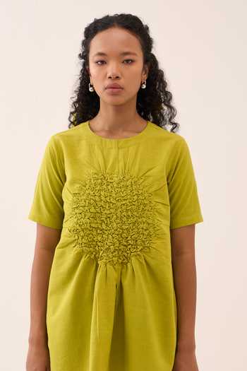 Three_Lime Handloom Cotton Round Neck Handwoven Top And Pant Set _at_Aza_Fashions