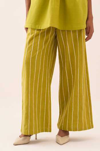 Buy_Three_Lime Handloom Cotton Round Neck Handwoven Top And Pant Set 