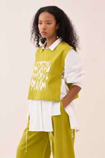 Three_Lime Cotton, Poplin Embroidery Handwoven Jacket Set _Online_at_Aza_Fashions