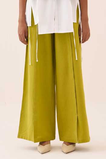 Buy_Three_Lime Cotton, Poplin Embroidery Handwoven Jacket Set _Online_at_Aza_Fashions