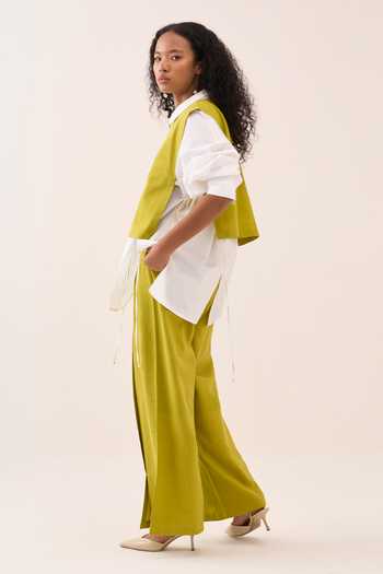 Buy_Three_Lime Cotton, Poplin Embroidery Handwoven Jacket Set 