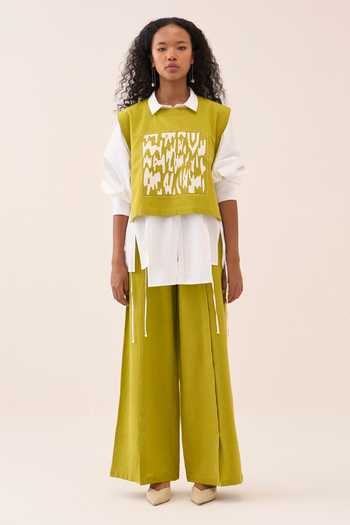 Shop_Three_Lime Cotton, Poplin Embroidery Handwoven Jacket Set 