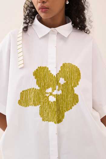 Buy_Three_White Cotton, Poplin Embroidery Collared Shirt And Pant Set _Online_at_Aza_Fashions