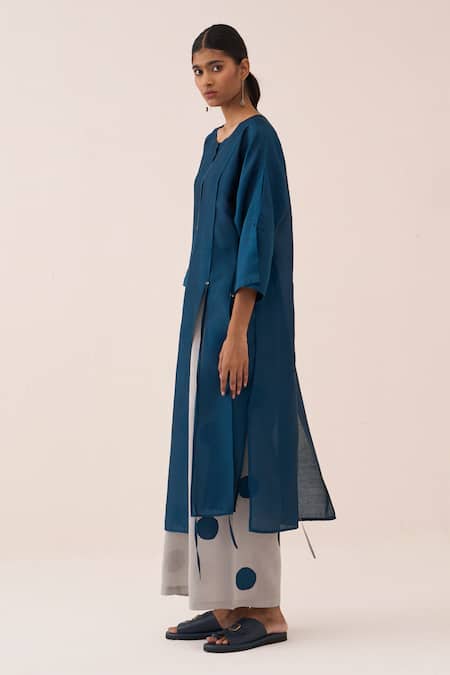 Three_Teal Chanderi Applique Tunic And Pant Set _Online_at_Aza_Fashions