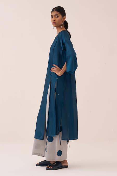 Buy_Three_Teal Chanderi Applique Tunic And Pant Set _Online_at_Aza_Fashions